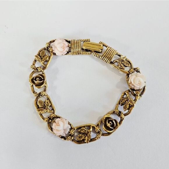 Vintage Goldette Signed '60s Victorian Revival Porcelain Rose Floral Bracelet - Picture 1 of 7